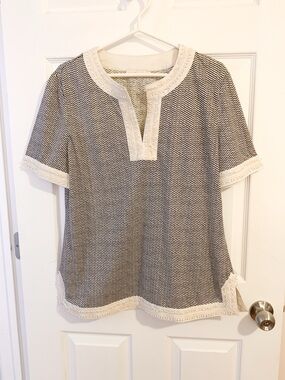 Tory Burch Selda Black & White Chevron Short-Sleeve with Lace Trim - size XL